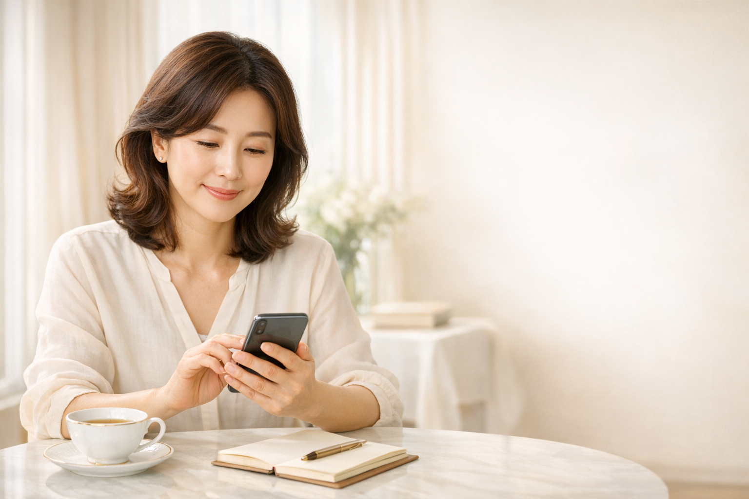 편안한 공간에서 체크를 시작하는 중년 여성