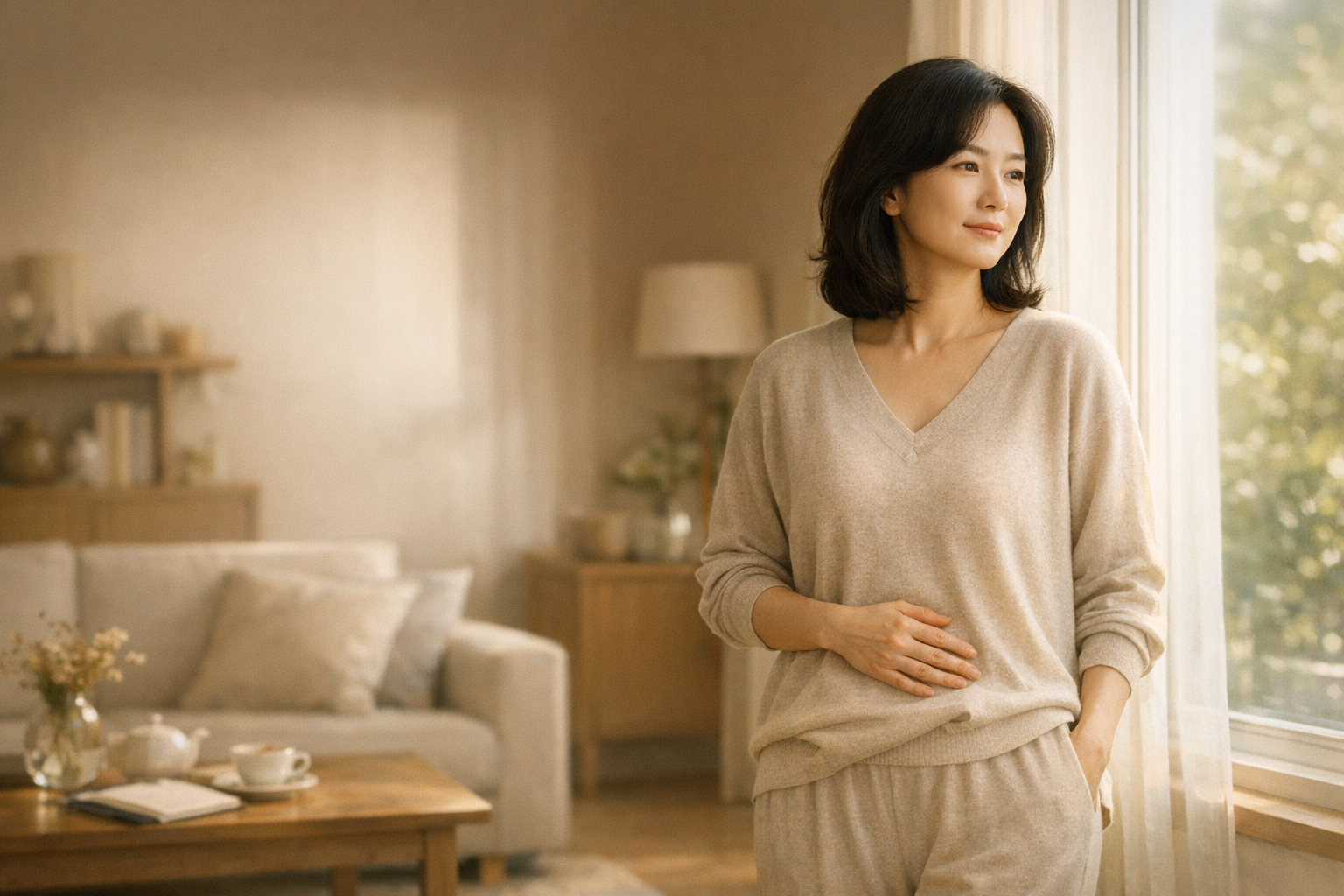 편안한 표정으로 웰니스 시간을 보내는 중년 여성