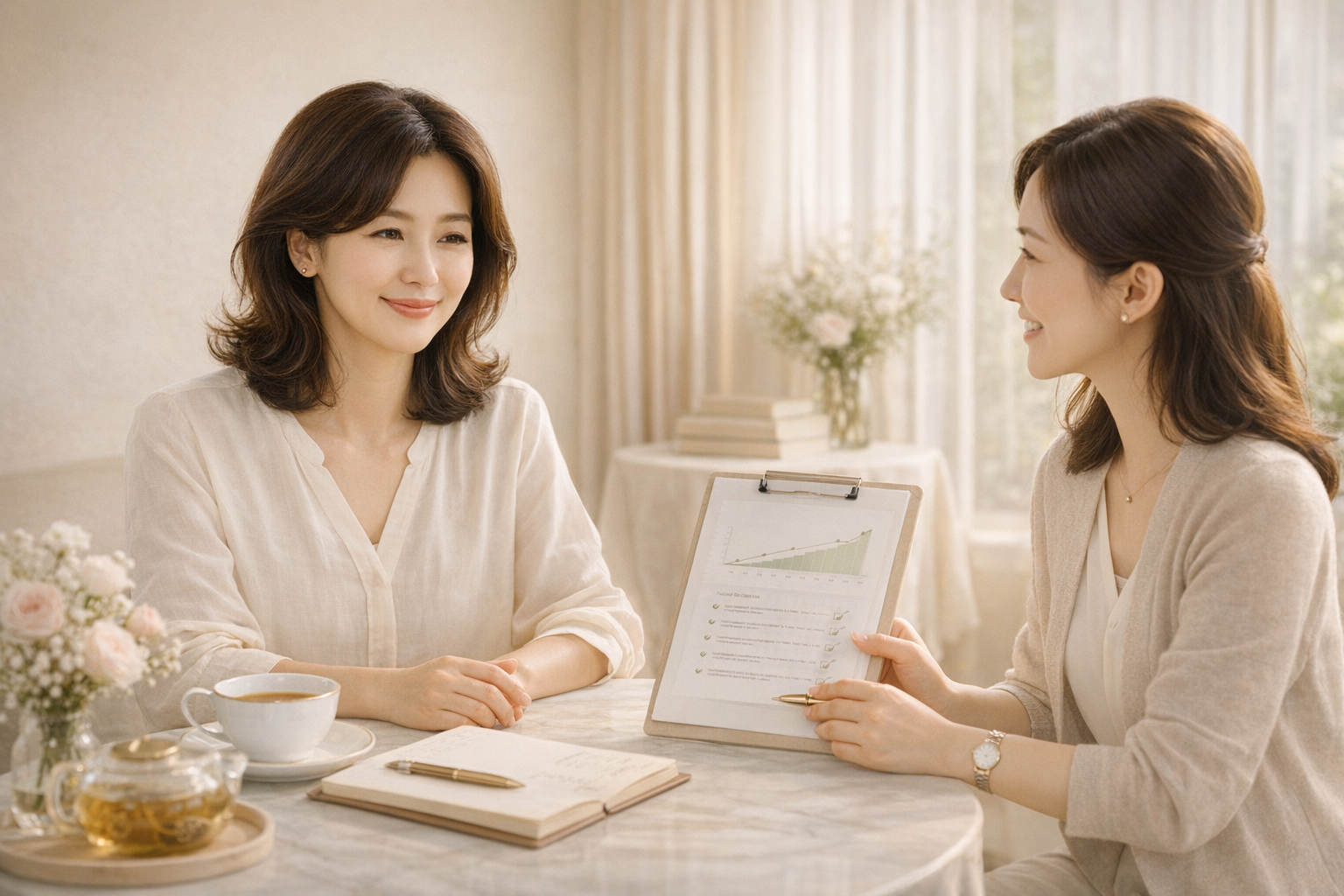 가이드와 함께 회복 관리를 이어가는 중년 여성