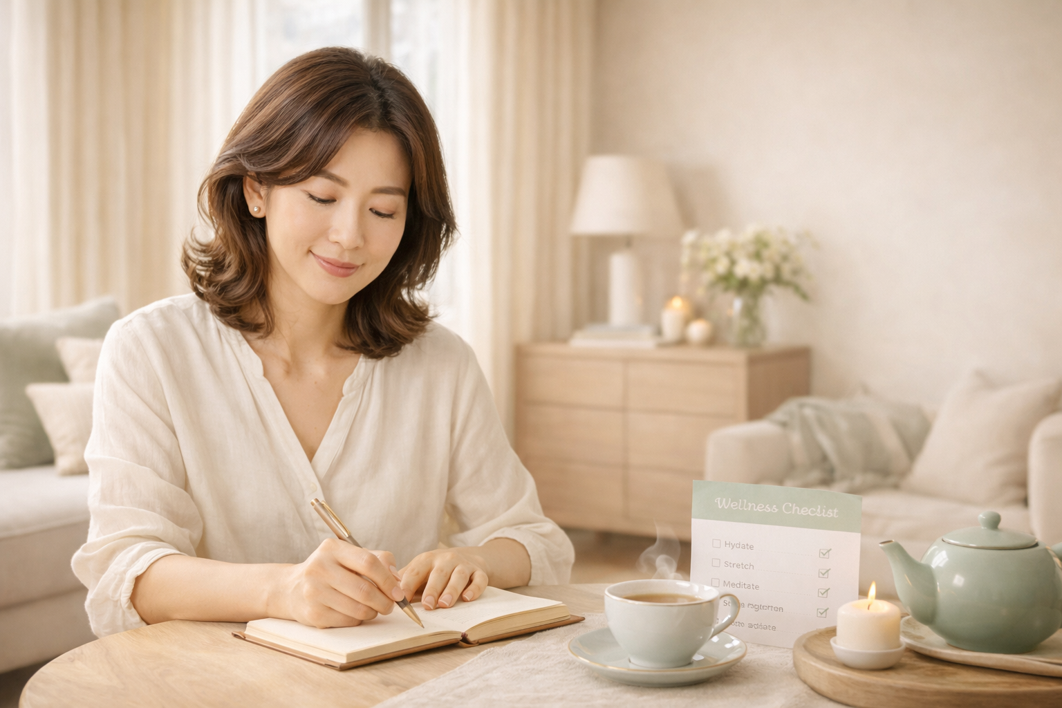 차분한 공간에서 셀프 케어 시간을 보내는 중년 여성