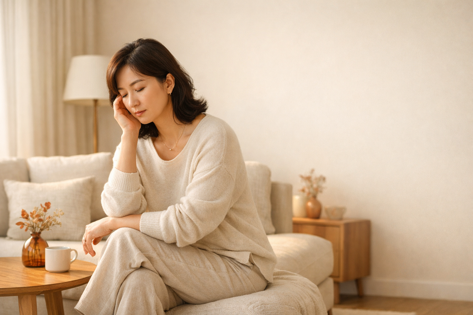몸의 변화를 느끼며 잠시 쉬고 있는 중년 여성